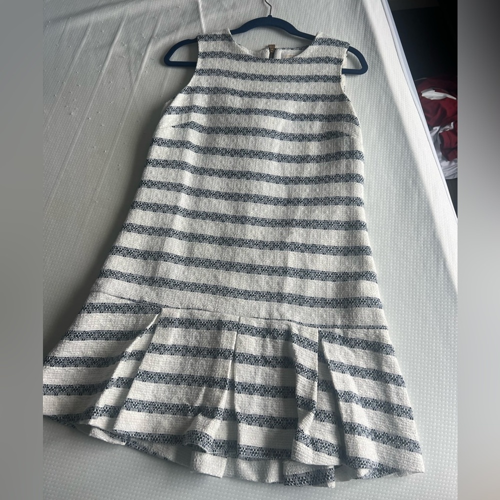 Beautiful Sail to Sable Navy and White Striped Tweed Dress